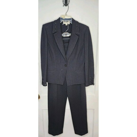 St John 2-Pc Pant Suit Dark Navy Black Jacket & Pants Santana Knit Size 10 READ - Picture 1 of 9